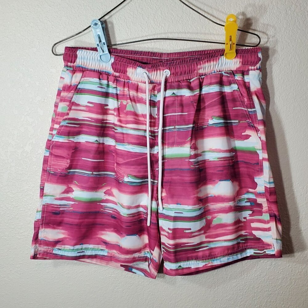 CSG Mens 2XL Swim Trunks Pink Multicolor  With Elastic Waistband & Drawstring
